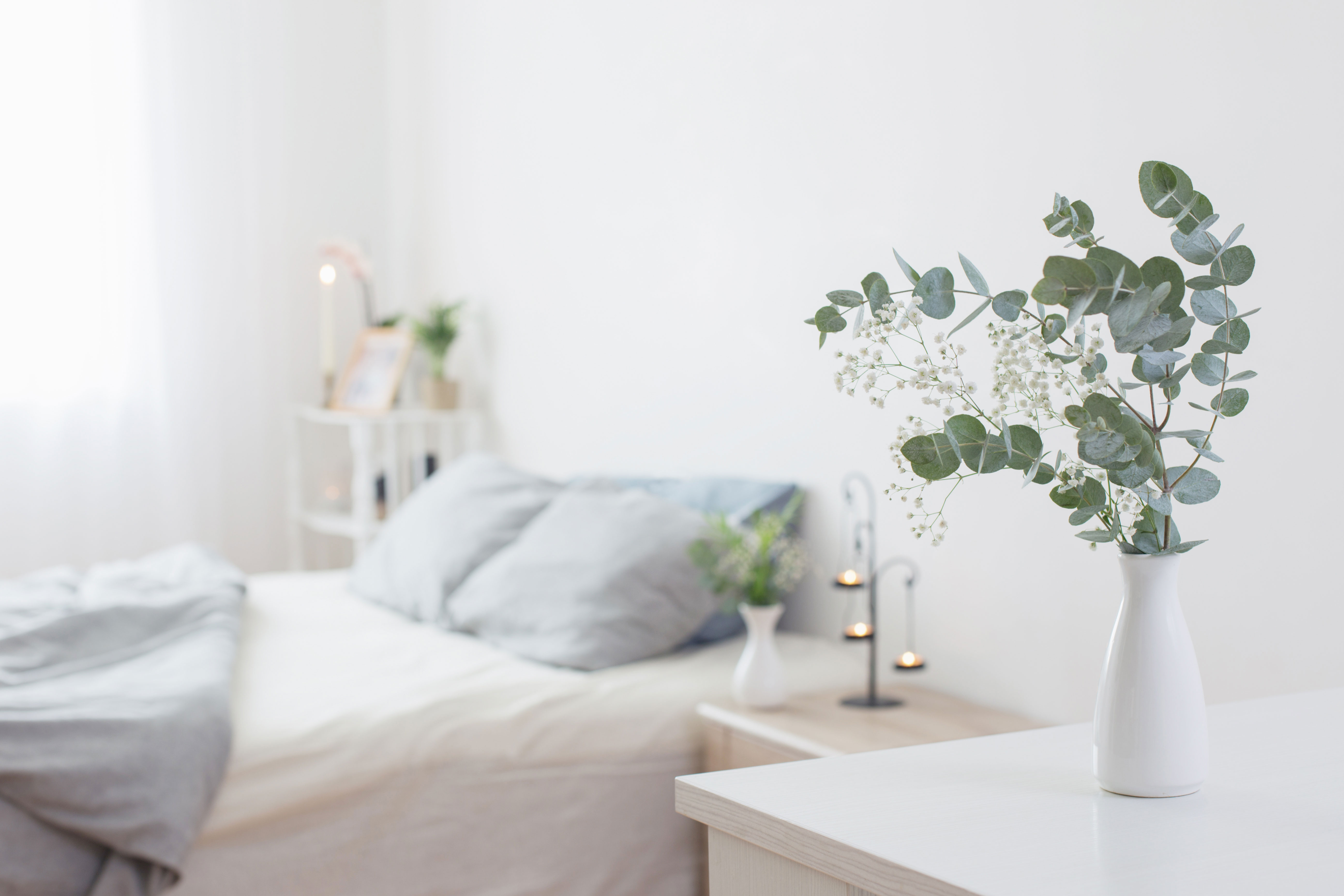 eucalyptus-and-gypsophila-in-vase-in-white-bedroom at 28th Street Apartments in Washington D.C.